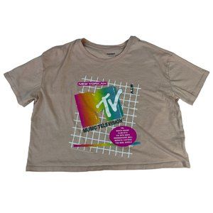 Old Navy Women's Crop Top Shirt MTV Retro 80s Music L Pink 100% Cotton Trendy